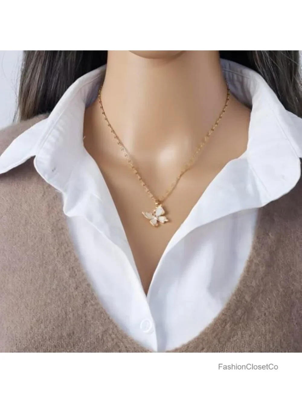 Stainless Steel Butterfly Pendant Necklace Adjustable Chain Cubic Zirconia Gold
